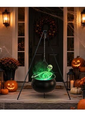 Halloween Hanging Cauldron with Green Glowing Skeleton - Party Decor